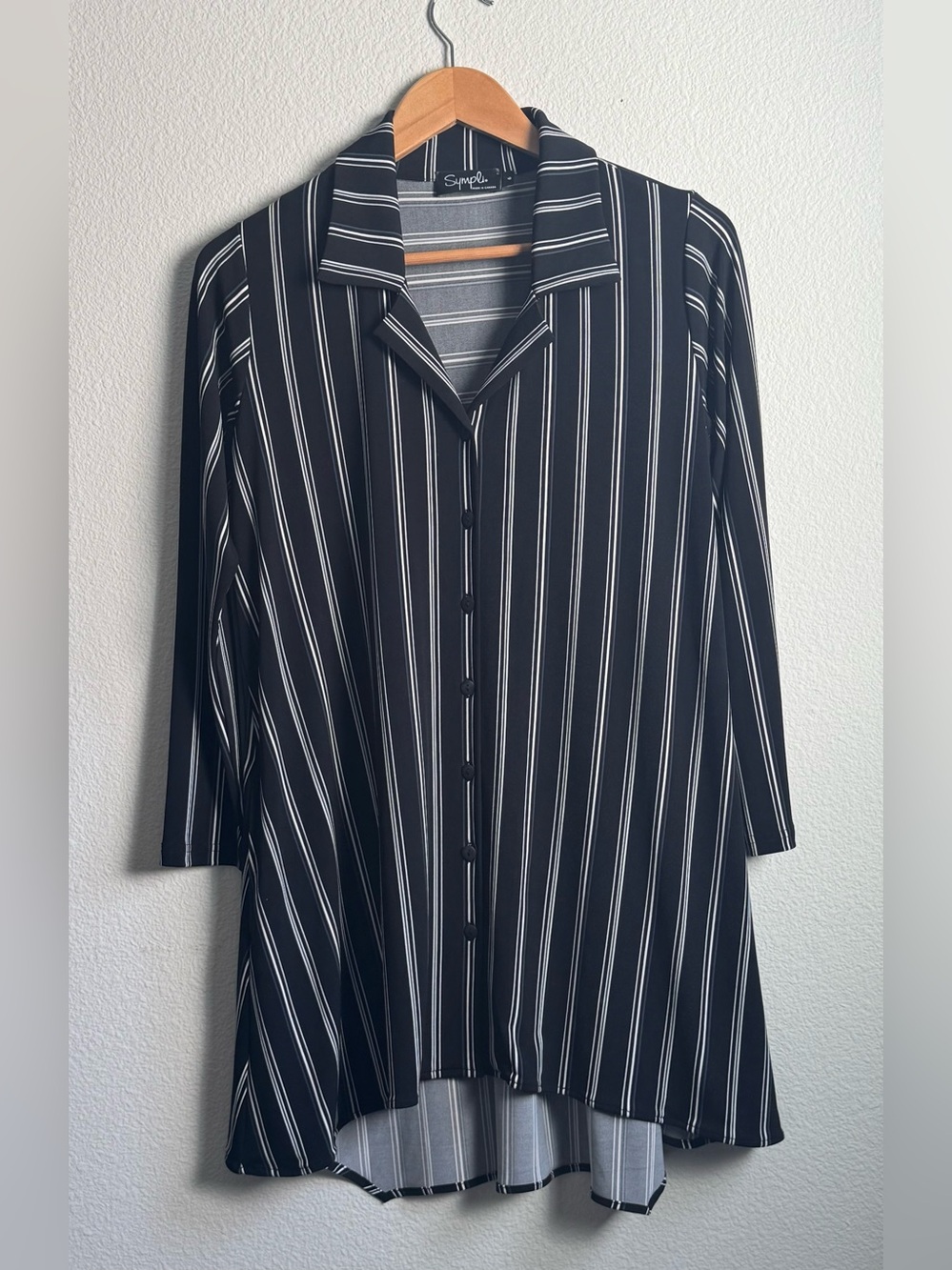Sympli Black, White, Blue Vertical Striped Button Down Tunic Shirt High Low Hem